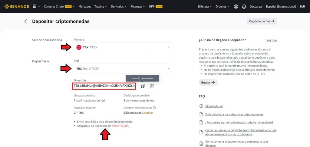 Cómo minar Tron (TRX) con CPU y GPU gratis Guía Completa: Pantalla de dirección de wallet para TRX en Binance